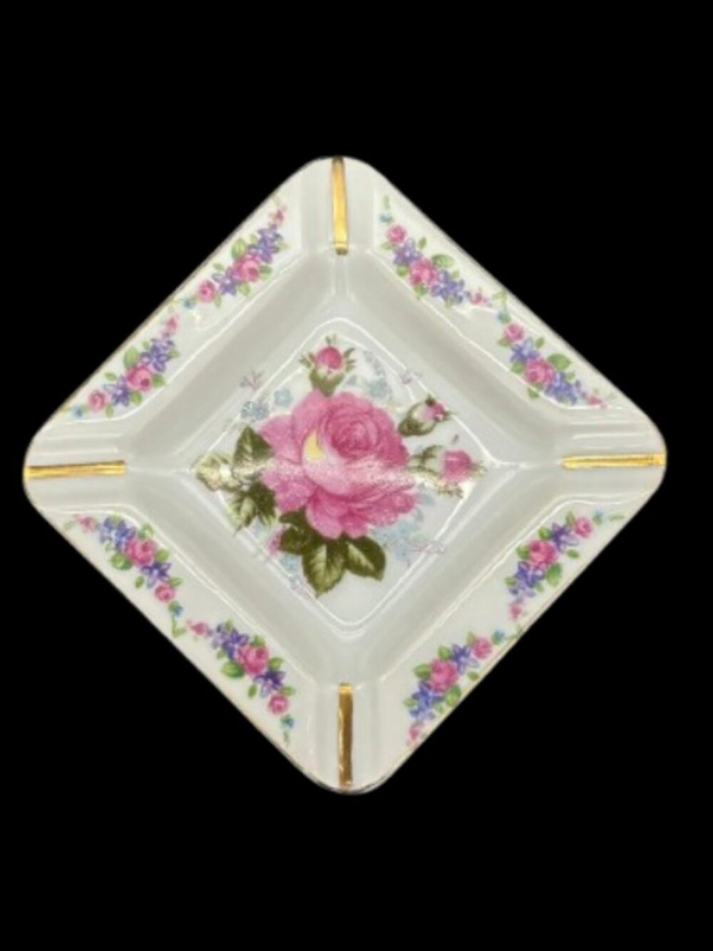 Vintage Japan Pink Rose Cottagecore Square Gold Trimmed Ashtray Tobacciana